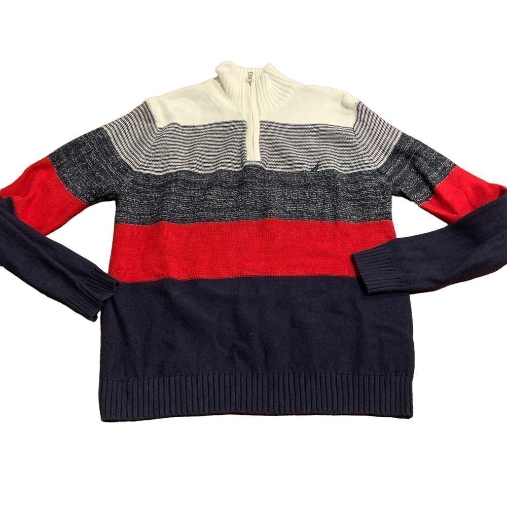 Nautica Boy’s Quarter Zip Red White Blue Stripe Pullover Sweater Lg 14-16